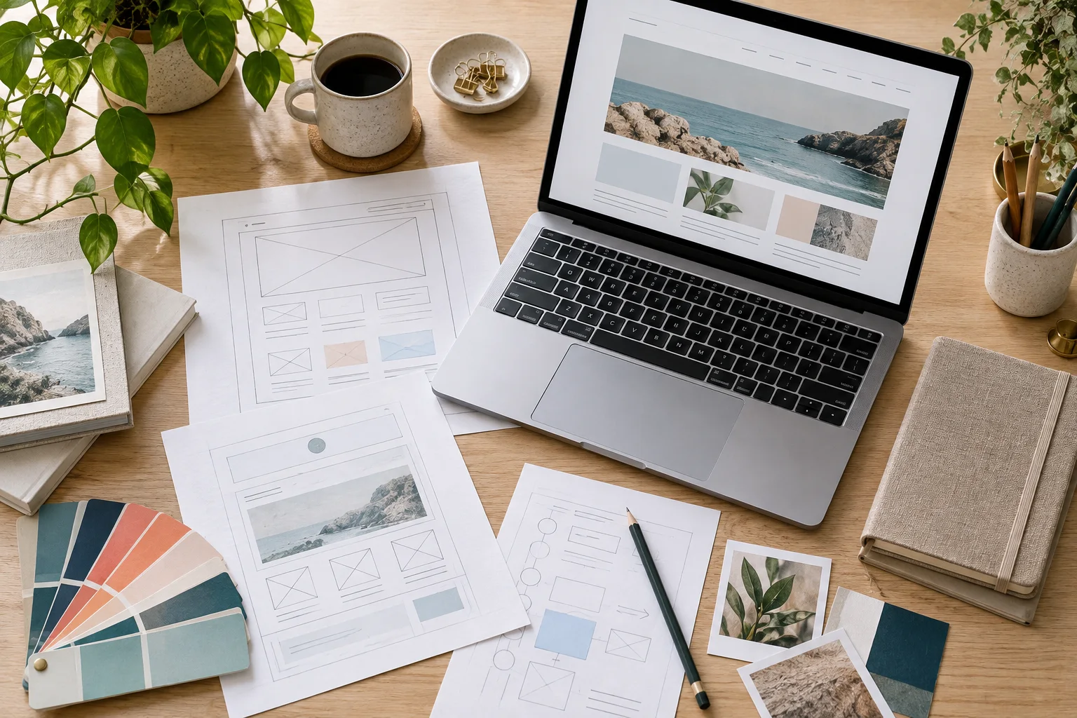 Website wireframes, color samples, and a laptop arranged on a design worktable