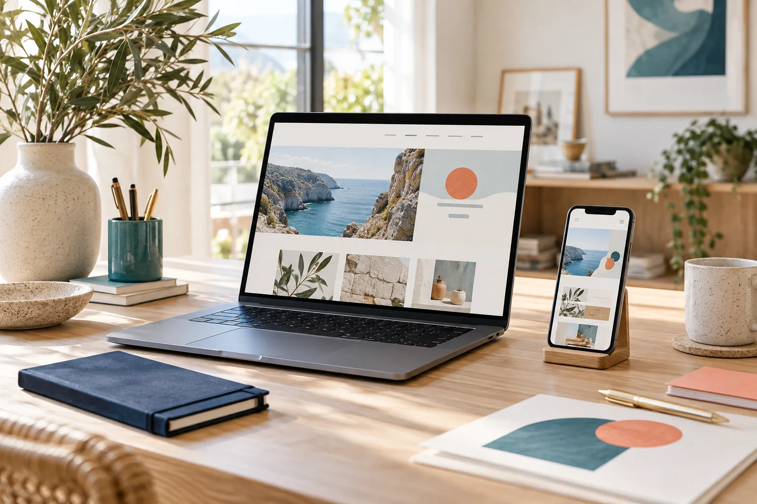 A polished website displayed on a laptop and phone in a bright studio